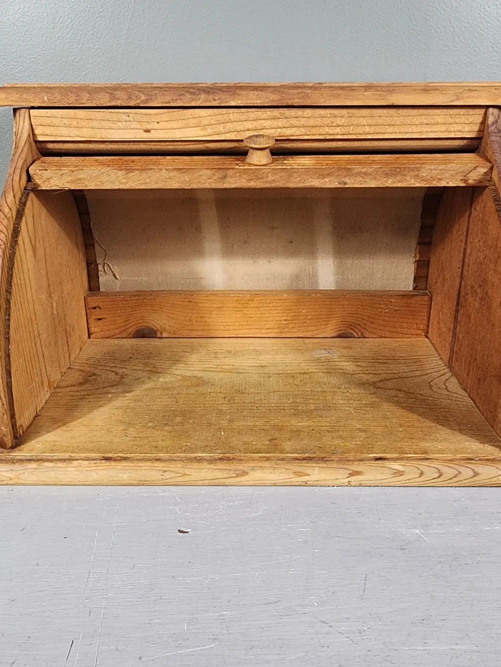 Wooden Roll Top Bread Box Farmhouse Brown Wood 80s Country Rustic